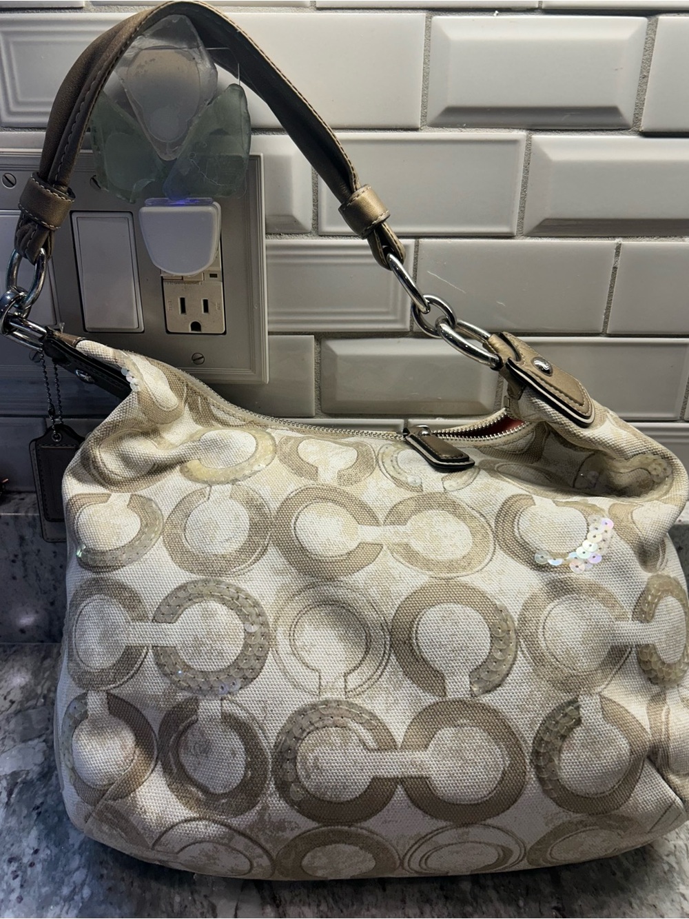 Coach Kristin Hobo Sequins Vintage Tan & Cream Shoulder Bag - Picture 2 of 4